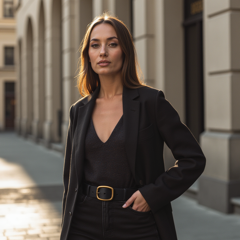 Ceinture habillée Amara en cuir noir avec boucle dorée - Fabriquée au Canada 